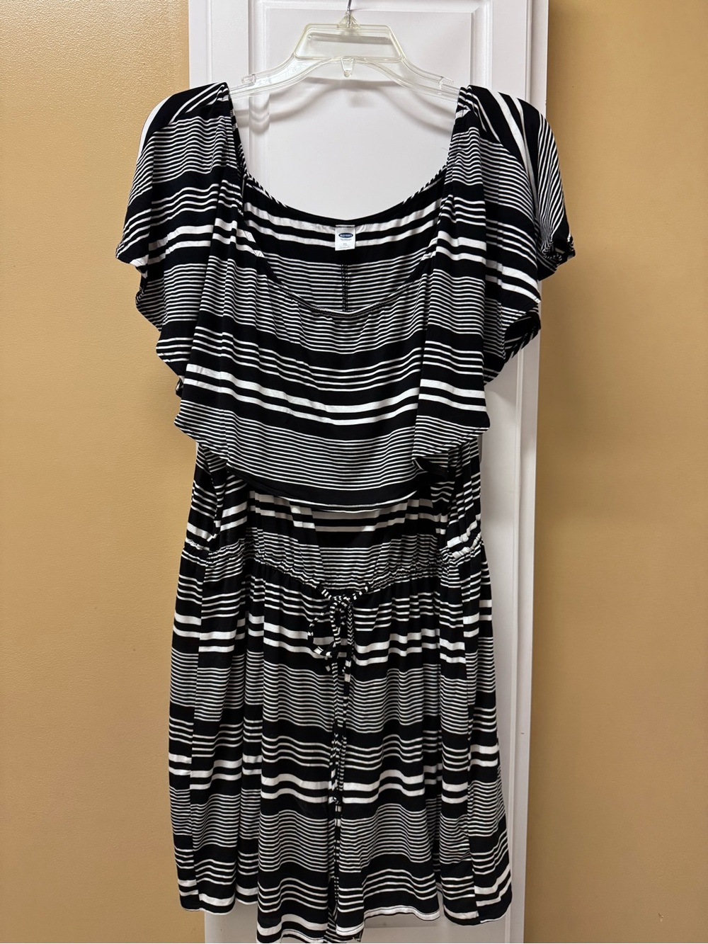 Old Navy Black and White Striped Midi Dress with Tie Waist
